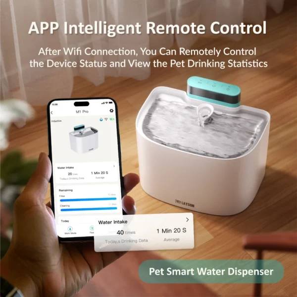 6 PET LAYSON Pumpless Cat Water Fountain, App Remote Control Smart Cordless Rechargeable Battery Operated, 3.6L/122oz 2.4G Wi-Fi Dog Water Dispenser