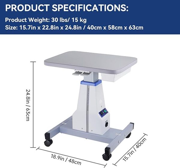 111 Mesa motorizada optometrista, mesa eléctrica oftálmica, mesa de instrumentos ópticos con cajón de trabajo, carrito médico profesional, carrito dental, tamaño 15.7 pulgadas de ancho, 22.8 pulgadas de largo