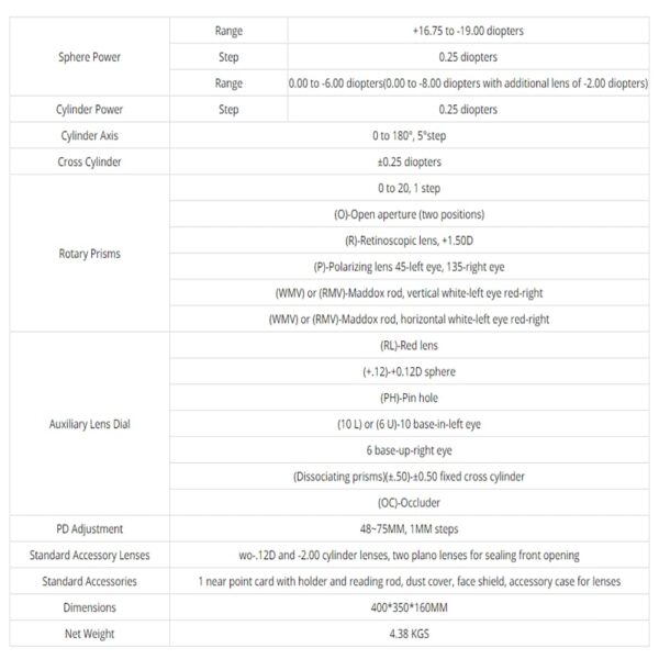 Instrumentos oftálmicos de foróptero, probador de visión óptica, lentes de cilindro, foróptero manual