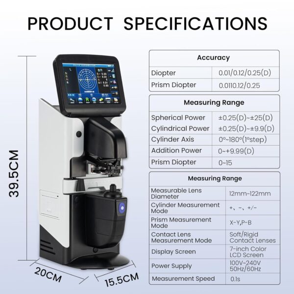 115 Medidor de lente LCD para fotómetro de 7 pulgadas, visualización táctil, impresora digital para PD, medidor de PDD, JD-2600A